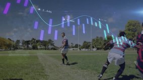 Rugby players on field with financial data and graphs animation overlay. Sports, teamwork, finance, analytics, economics, competition - Powered by Shutterstock - Get 15% off with code: PIKWIZARD15