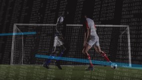 Soccer players competing for ball with data processing animation over scene. Sports, competition, teamwork, athletics, digital, technology - Powered by Shutterstock - Get 15% off with code: PIKWIZARD15