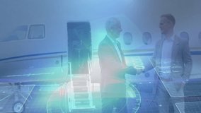 Businessmen shaking hands with digital interface animation over private jet. handshake, technology, aviation, luxury, partnership, futuristic - Powered by Shutterstock - Get 15% off with code: PIKWIZARD15