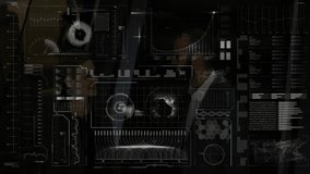 Digital animation overlaying futuristic interface on two people having conversation. Technology, innovation, interaction, virtual, communication - Powered by Shutterstock - Get 15% off with code: PIKWIZARD15