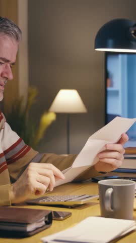 Desperate man sitting at the desk at night, he is checking expensive bills and invoices: household expenses, debt and budgeting concept