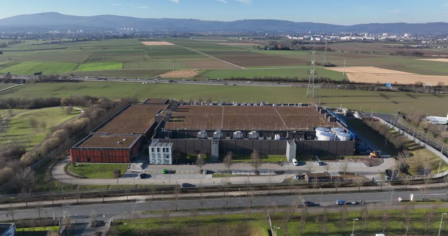 Datacenter in Frankfurt am Main, Germany. Cloud computing, IT infrastructure, computer center. Aerial view