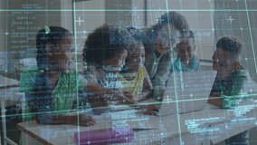Children and teacher using laptop with digital data processing animation overlay. Technology, education, learning, classroom, innovation, teaching - Powered by Shutterstock - Get 15% off with code: PIKWIZARD15