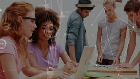 Collaborating on laptops, diverse group in school with digital animation overlay. Collaboration, technology, teamwork, education, creative, brainstorming - Powered by Shutterstock - Get 15% off with code: PIKWIZARD15