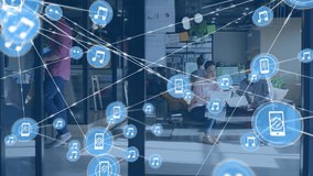 In office, animation of music and device icons over people working collaboratively. Technology, innovation, teamwork, collaboration, digital, devices - Powered by Shutterstock - Get 15% off with code: PIKWIZARD15