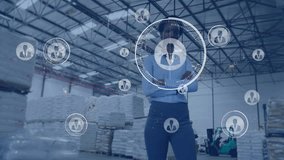 In warehouse, businessperson analyzing digital network connections and data processing animation. Technology, innovation, data analysis, logistics, connectivity, digital transformation - Powered by Shutterstock - Get 15% off with code: PIKWIZARD15