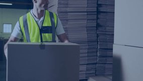 In warehouse, worker in safety vest using animation of digital network connections. Logistics, technology, automation, industrial, innovation, connectivity - Powered by Shutterstock - Get 15% off with code: PIKWIZARD15