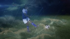 On field, soccer player with digital network animation overlay, focusing on game. Sports, technology, athlete, competition, connection, networking - Powered by Shutterstock - Get 15% off with code: PIKWIZARD15
