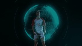 Soccer player kicking ball with animation of digital globe and data visualization. Futuristic, technology, sports, athlete, innovation, connectivity - Powered by Shutterstock - Get 15% off with code: PIKWIZARD15