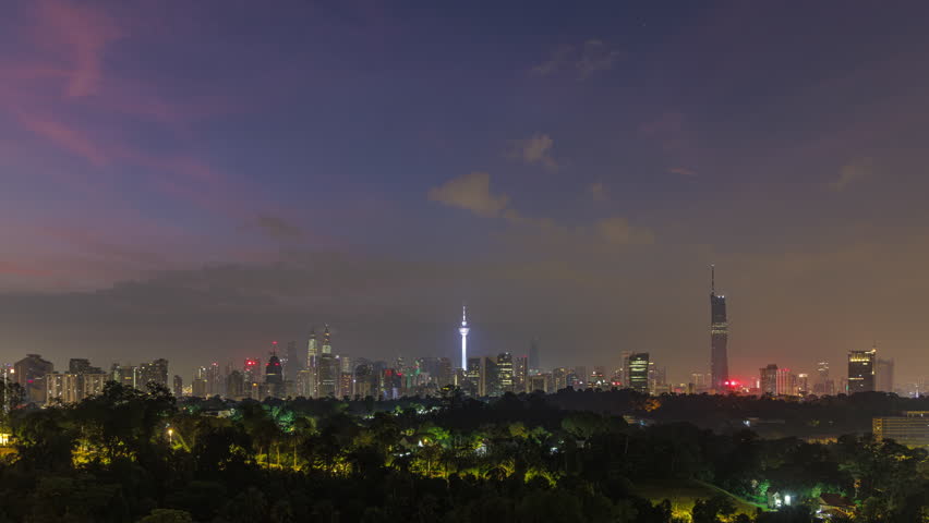 Time lapse: Silhouette of Kuala Lumpur city view during dawn overlooking the city skyline from afar with lushes green in the foreground. Federal Territory, Malaysia. 