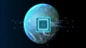 Digital lock icon and data processing animation over Earth in space. Cybersecurity, technology, connection, network, global, protection - Powered by Shutterstock - Get 15% off with code: PIKWIZARD15