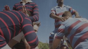 Reaching for rugby ball, players with animation of financial data charts overlay. Sports, teamwork, competition, finance, growth, strategy - Powered by Shutterstock - Get 15% off with code: PIKWIZARD15