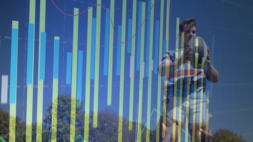 Rugby player holding ball with financial data processing animation over blue sky. Sport, finance, teamwork, competition, athletic, investment - Powered by Shutterstock - Get 15% off with code: PIKWIZARD15