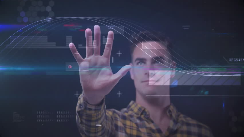 High score text animation over person interacting with futuristic digital interface. Technology, innovation, virtual, interaction, future, advanced - Powered by Shutterstock - Get 15% off with code: PIKWIZARD15