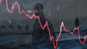 Walking past private jet, businessman with stock market animation in background. Luxury, wealth, aviation, finance, corporate, economic - Powered by Shutterstock - Get 15% off with code: PIKWIZARD15