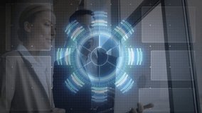 Discussing data analytics, business professionals using futuristic animation in meeting. Tech, innovation, collaboration, presentation, strategy - Powered by Shutterstock - Get 15% off with code: PIKWIZARD15