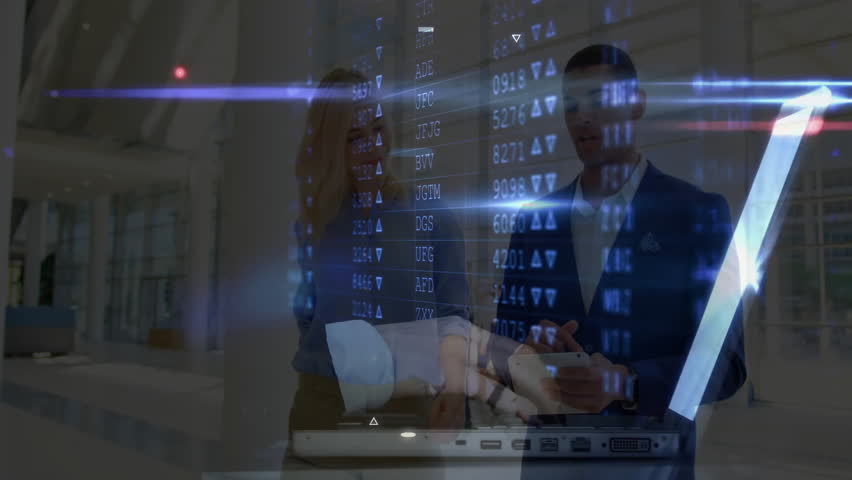 Business professionals discussing over financial data charts and graphs animation. teamwork, analysis, presentation, growth, finance, strategy