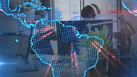 Businessman working at desk with digital world map overlay animation. Global, technology, innovation, digital transformation, corporate, networking - Powered by Shutterstock - Get 15% off with code: PIKWIZARD15