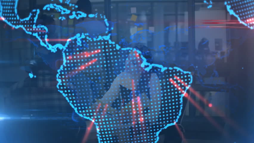 Digital world map animation over diverse team collaborating in modern office. Technology, teamwork, collaboration, global, innovation, diversity - Powered by Shutterstock - Get 15% off with code: PIKWIZARD15