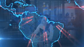 Digital world map animation over diverse team collaborating in modern office. Technology, teamwork, collaboration, global, innovation, diversity - Powered by Shutterstock - Get 15% off with code: PIKWIZARD15