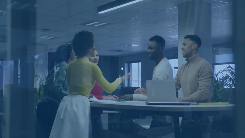 In meeting, diverse business team discussing network connections and data processing animation. teamwork, diversity, technology, collaboration, innovation, brainstorming - Powered by Shutterstock - Get 15% off with code: PIKWIZARD15