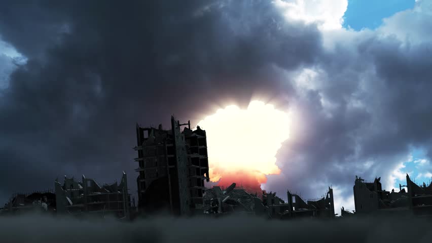 
City under attack with jets and explosions 
A fiery explosion engulfs the devastated city, painting the sky in an apocalyptic red glow.
