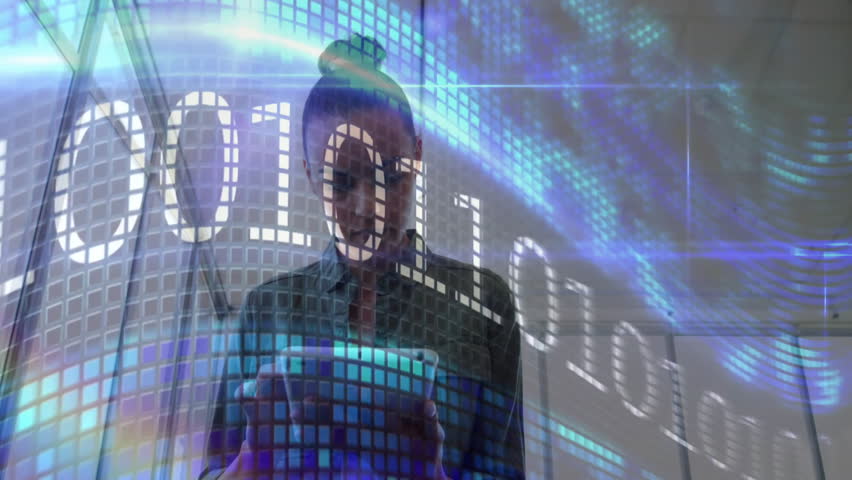 Woman using tablet with digital binary code and data processing animation overlay. Technology, innovation, cybersecurity, coding, futuristic, computing - Powered by Shutterstock - Get 15% off with code: PIKWIZARD15