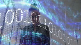 Woman using tablet with digital binary code and data processing animation overlay. Technology, innovation, cybersecurity, coding, futuristic, computing - Powered by Shutterstock - Get 15% off with code: PIKWIZARD15