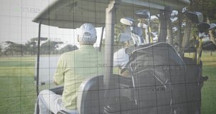 Elderly men in golf cart with financial graph animation overlay. Golfing, retirement, finance, technology, investment, activity - Powered by Shutterstock - Get 15% off with code: PIKWIZARD15