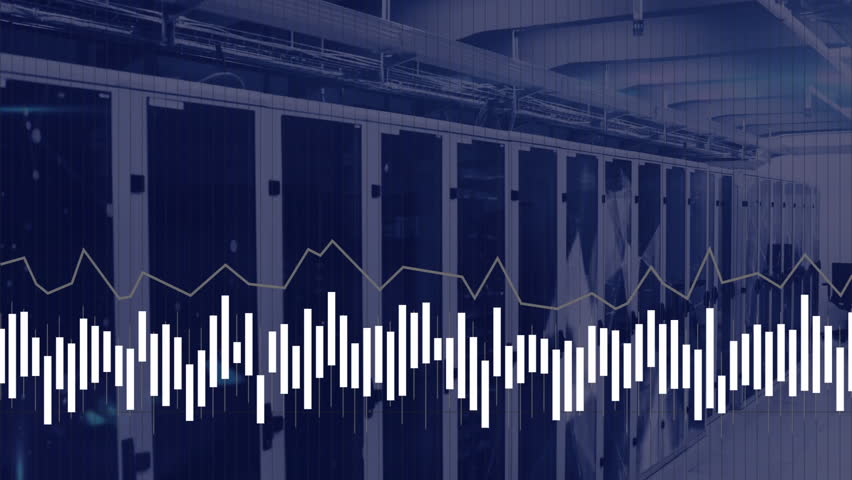 In data center, animation of graphs and charts overlaying server racks. Technology, digital, analytics, network, computing, information - Powered by Shutterstock - Get 15% off with code: PIKWIZARD15