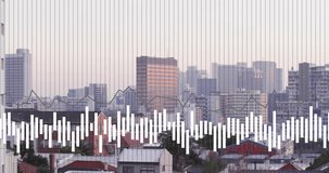 Animation of data graphs overlaying city skyline buildings at sunset. technology, analytics, urban, finance, innovation, modern - Powered by Shutterstock - Get 15% off with code: PIKWIZARD15