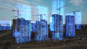 Futuristic construction site with high-rise buildings under development. Holographic 3D models overlay structures, showcasing advanced architectural visualization, digital engineering technology 4k. - Powered by Shutterstock - Get 15% off with code: PIKWIZARD15