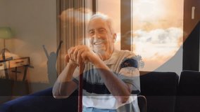 Smiling elderly man with cane over sunset and cross silhouettes animation. Senior, spirituality, twilight, contemplation, peace, support - Powered by Shutterstock - Get 15% off with code: PIKWIZARD15