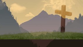 Standing on grassy hill, wooden cross with mountains in background, animation style. Nature, spirituality, landscape, tranquility, scenic, outdoors - Powered by Shutterstock - Get 15% off with code: PIKWIZARD15