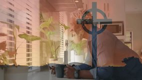 Elderly man enjoying morning coffee at home with cross overlay animation. Senior, morning routine, relaxation, cozy, domestic, leisure - Powered by Shutterstock - Get 15% off with code: PIKWIZARD15