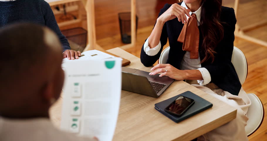 Business, interview and people with document questions for performance review and promotion opportunity. Above, company HR and CV with candidate in meeting for internal recruitment or hiring process