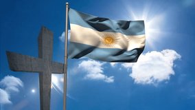 Waving Argentinian flag next to large cross under bright sunny sky. Patriotism, celebration, religious, faith, culture, nationalism - Powered by Shutterstock - Get 15% off with code: PIKWIZARD15
