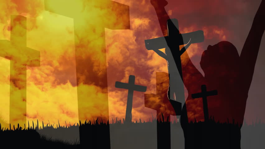 Crucifixion scene with silhouetted crosses against dramatic orange and yellow sky. Religion, faith, spirituality, sacrifice, sunset, symbolism