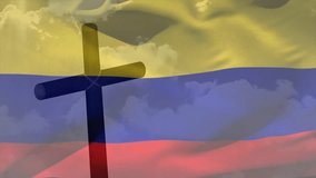 Colombian flag colors forming cross over cloudy sky in animation scene. Patriotism, symbolism, culture, pride, national, animated - Powered by Shutterstock - Get 15% off with code: PIKWIZARD15