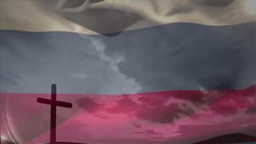 Russian flag overlay on cross silhouette against cloudy sky in animation style. Patriotic, nationalism, symbol, religion, digital art, illustration - Powered by Shutterstock - Get 15% off with code: PIKWIZARD15