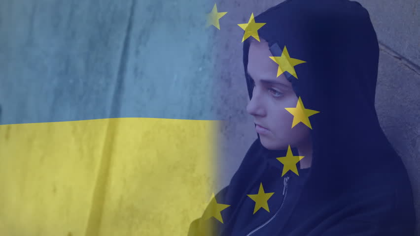 Holding head in hands, person with Ukraine and EU flags overlaying face. Politics, tension, solidarity, crisis, Europe, distress