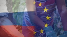 Gardening together, elderly couple with Russian and European Union flags overlay. Seniors, international, relationship, cooperation, horticulture, teamwork - Powered by Shutterstock - Get 15% off with code: PIKWIZARD15
