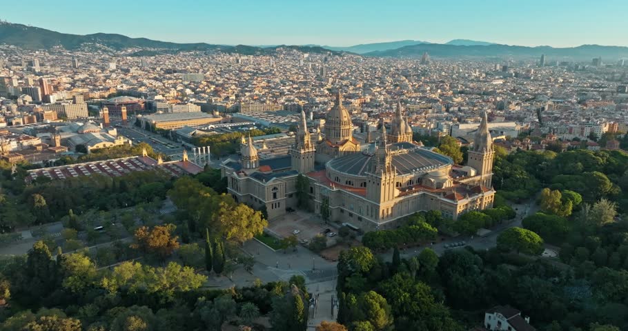 Aerial View of Barcelona National Museum of Art of Catalonia Historic Cityscape and Architecture in Catalonia Spain. High quality 4k footage