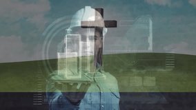 Engineer in hard hat using digital animation interface over landscape. Engineering, technology, innovation, construction, future, virtual - Powered by Shutterstock - Get 15% off with code: PIKWIZARD15