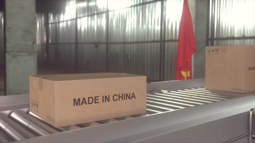 Made in China - 3D Conveyor Belt Animation with Moving Boxes