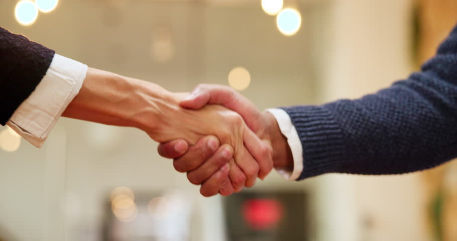 Business people, handshake or meeting with greeting for thank you, agreement or arrival at hotel. Closeup, employees or shaking hands with b2b for partnership, teamwork or accomodation deal at resort