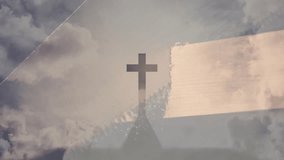 Silhouette of cross with abstract geometric shapes overlay against cloudy sky. spirituality, religion, faith, clouds, symmetry - Powered by Shutterstock - Get 15% off with code: PIKWIZARD15