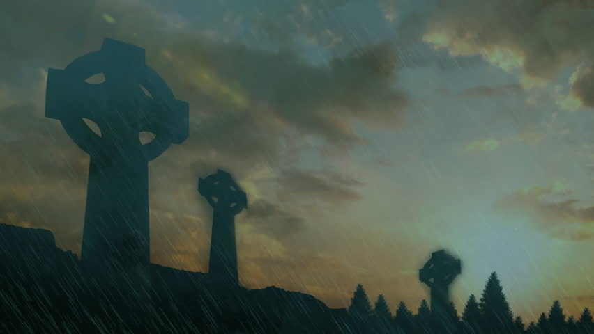 Celtic crosses silhouetted against stormy sky with lightning and dark clouds. Cemetery, graveyard, spirituality, dramatic, thunderstorm, ominous