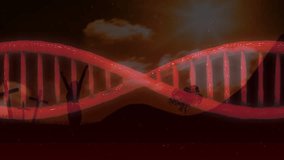 DNA strand animation over silhouette of person and crosses in dark landscape. Genetics, biotechnology, science, innovation, research, medical - Powered by Shutterstock - Get 15% off with code: PIKWIZARD15