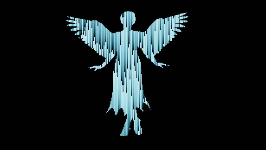 Blue Pixel Sorting Angel Silhouette with Wings on Black Background, Digital Art, Abstract Design, Fantasy Concept